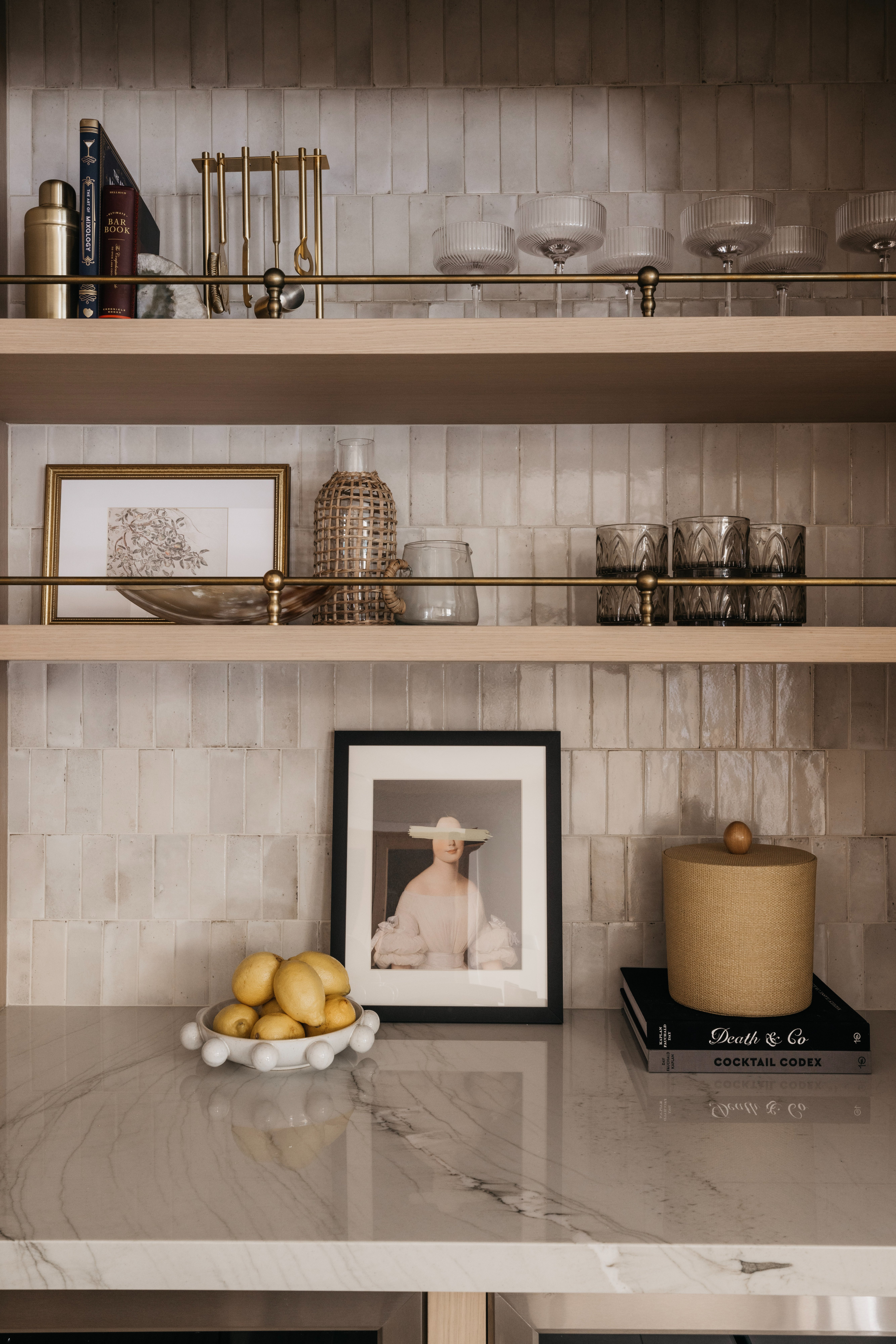 Bar shelving detail with gallery rail, Golden Ranch