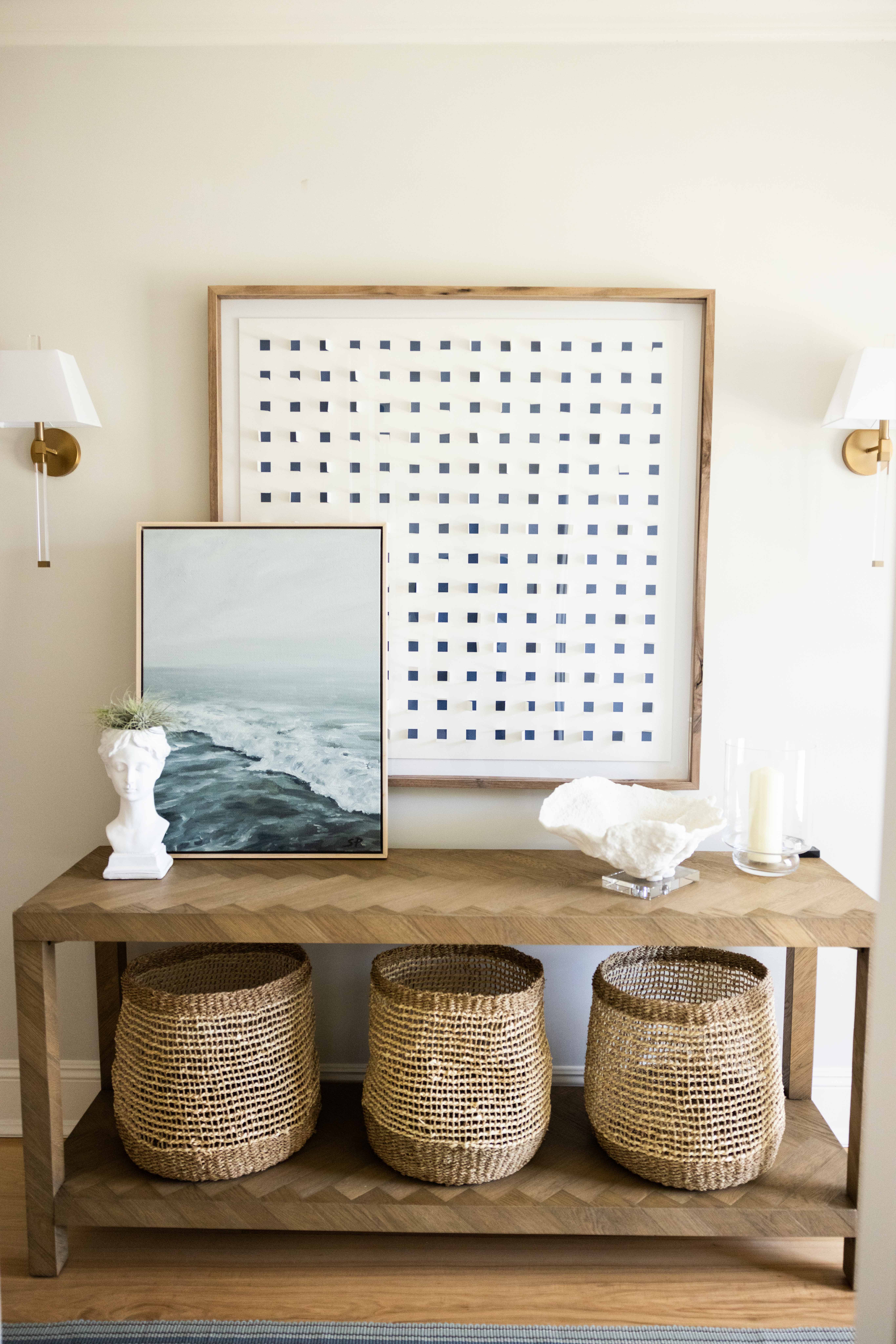 Entry console with art and baskets, Seaside Retreat